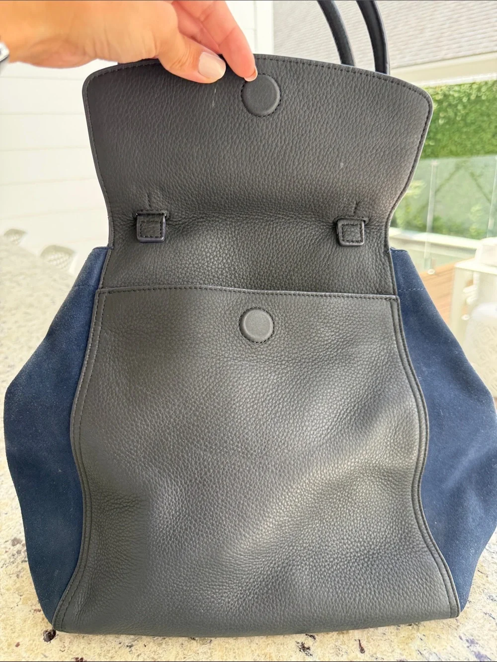 Tory Burch Black Leather with Navy Suede Top-Handle Satchel